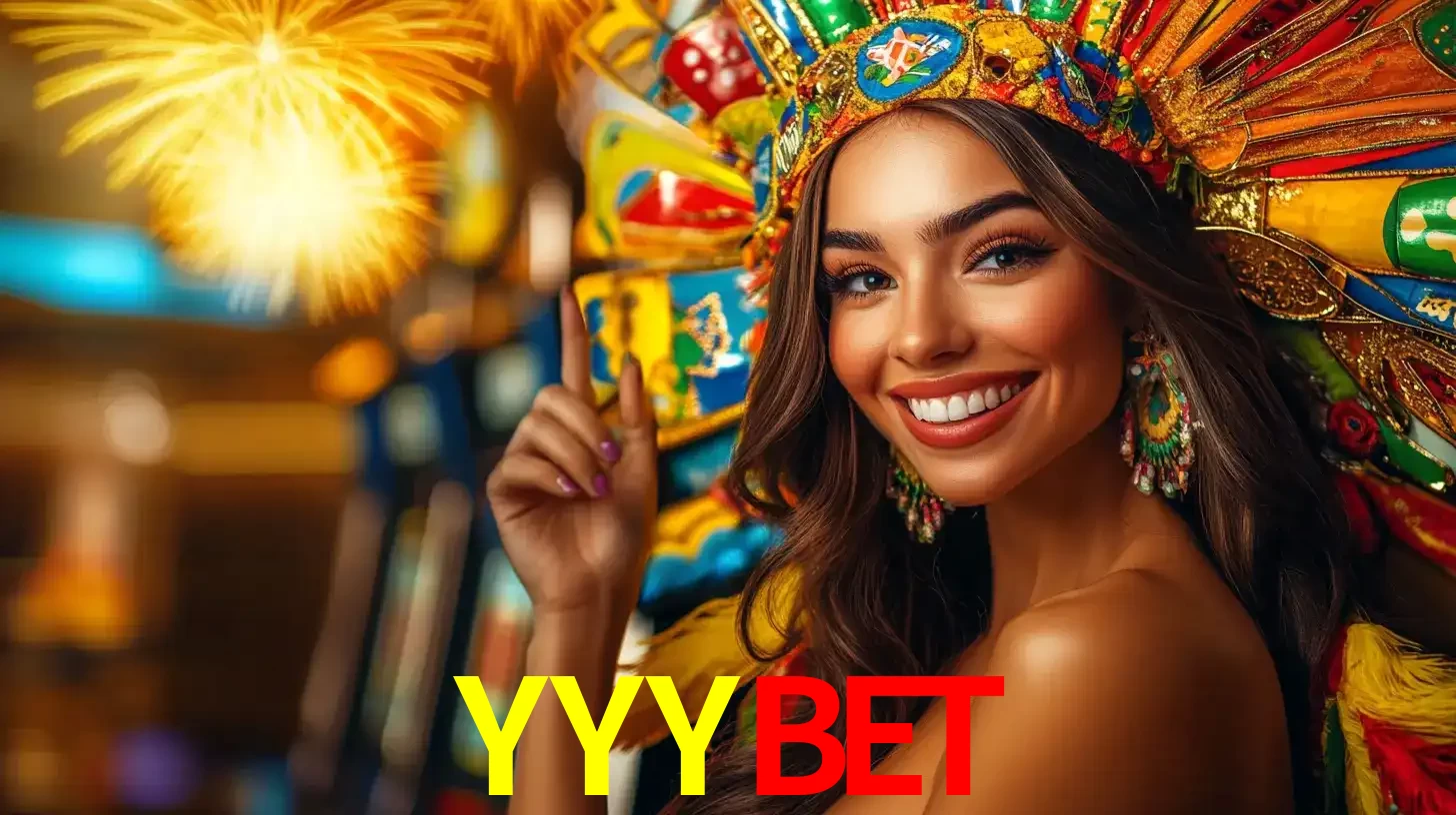 Mulher sorridente com um cocar de carnaval vibrante e colorido, celebrando uma grande vitória nos jogos do cassino YYYBET com fogos de artifício ao fundo.