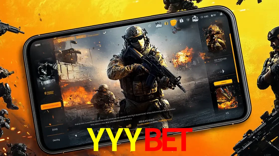 Um smartphone exibindo a interface de um jogo de tiro em primeira pessoa, com um soldado em um cenário de batalha, representando a ação dos e-sports para apostar no YYYBET.