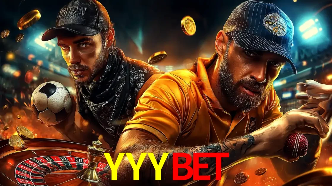Montagem de apostas esportivas e cassino no YYYBET, com um homem segurando uma bola de futebol e outro uma de beisebol sobre uma roleta e moedas voadoras.