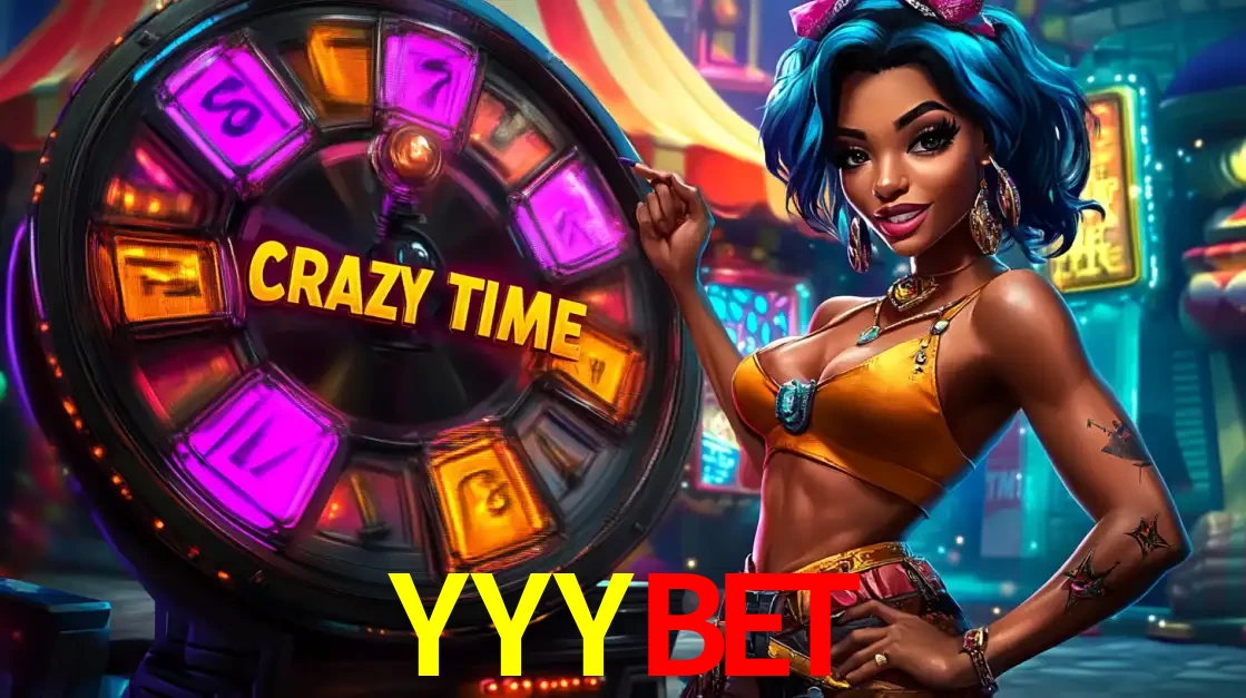 Mulher estilizada com cabelo azul e visual vibrante posando ao lado da roda de prêmios do game show Crazy Time, convidando para a diversão e os bônus do cassino YYYBET.