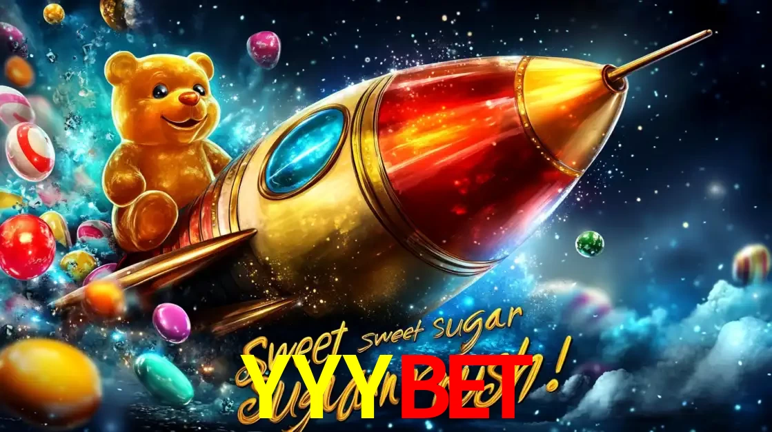 Arte promocional do jogo de slot Sugar Rush, com um urso de pelúcia em um foguete viajando pelo espaço de doces, um dos jogos divertidos disponíveis no cassino YYYBET.