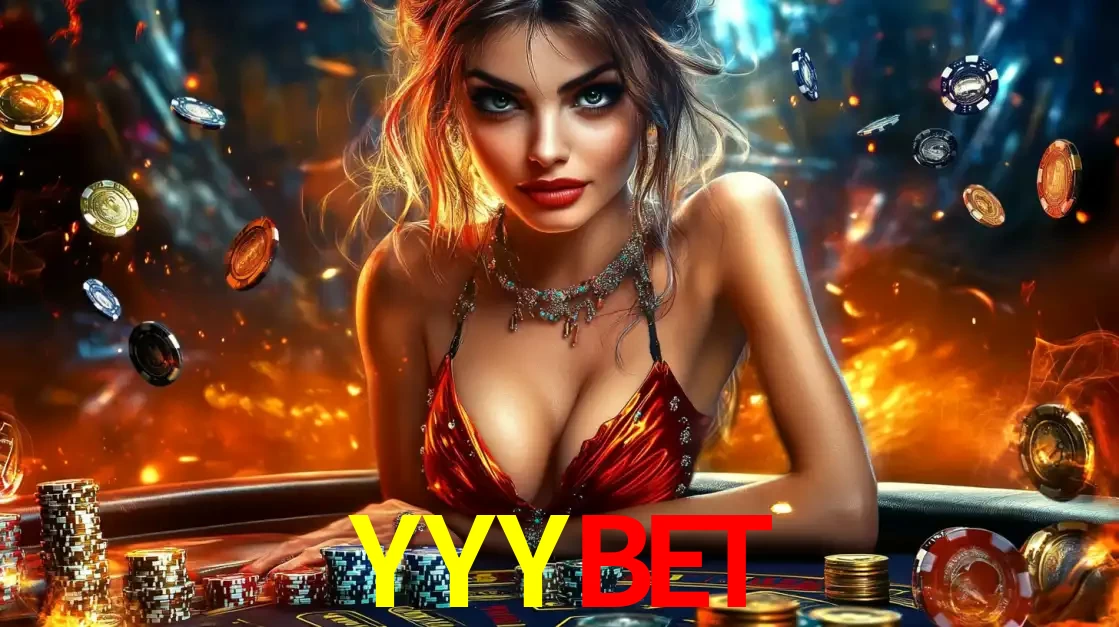 Mulher em uma mesa de cassino com pilhas de fichas e um fundo de fogo, pronta para uma rodada de altas apostas nos jogos de mesa emocionantes do cassino YYYBET.