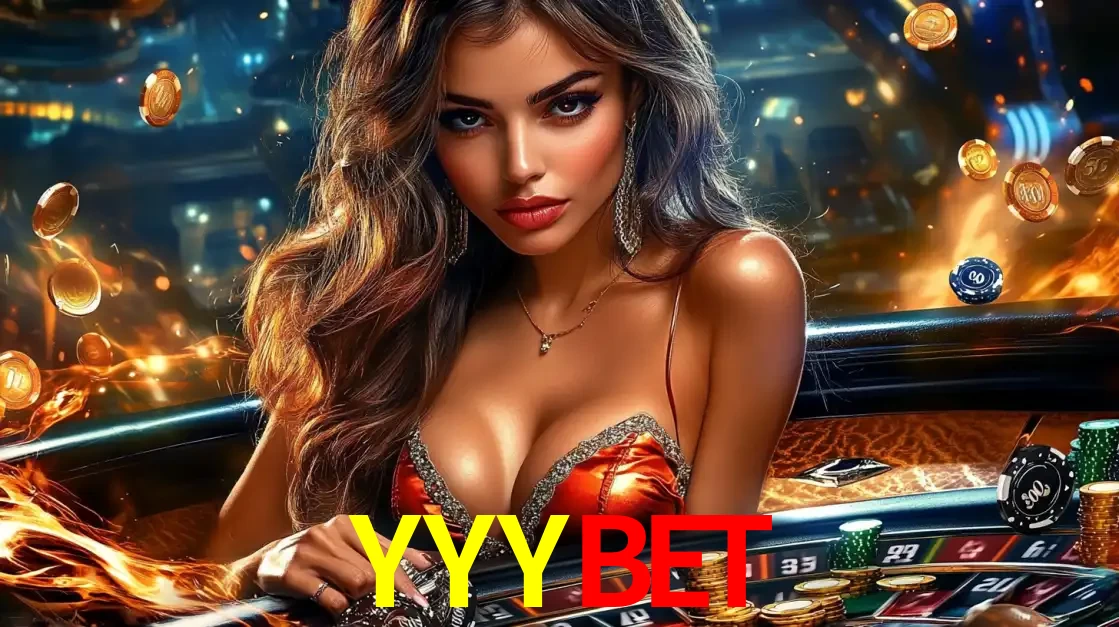 Mulher glamourosa em uma mesa de roleta com um fundo de chamas e moedas voadoras, pronta para fazer sua aposta e ganhar grandes prêmios no cassino ao vivo YYYBET.