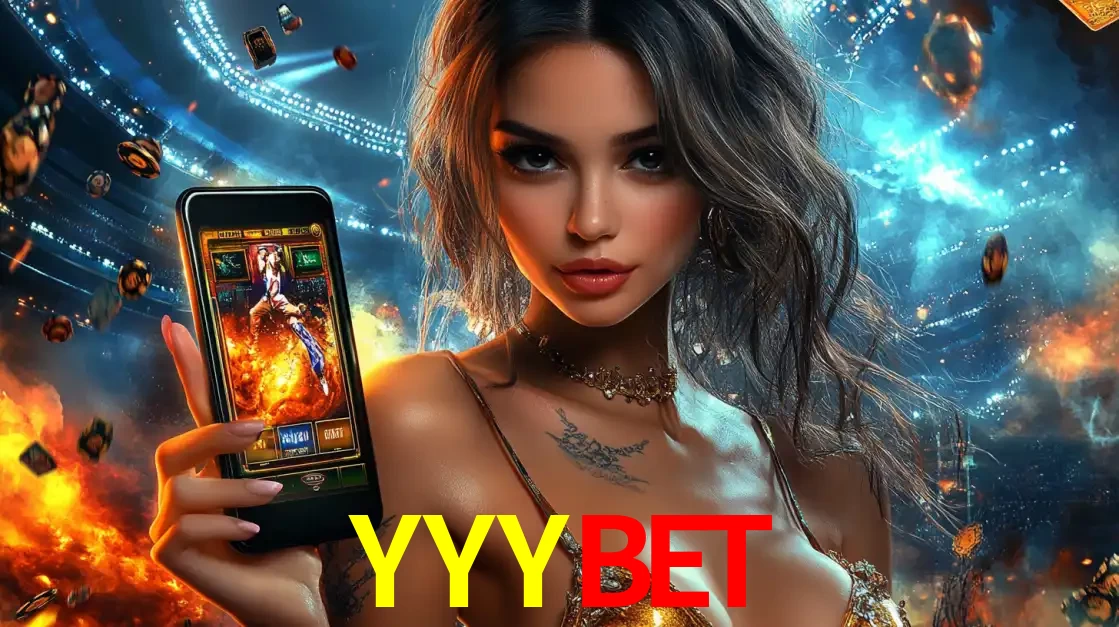 Mulher segurando um celular com um jogo de slot em destaque, tendo como fundo um estádio vibrante, simbolizando a emoção de jogar no cassino móvel YYYBET.