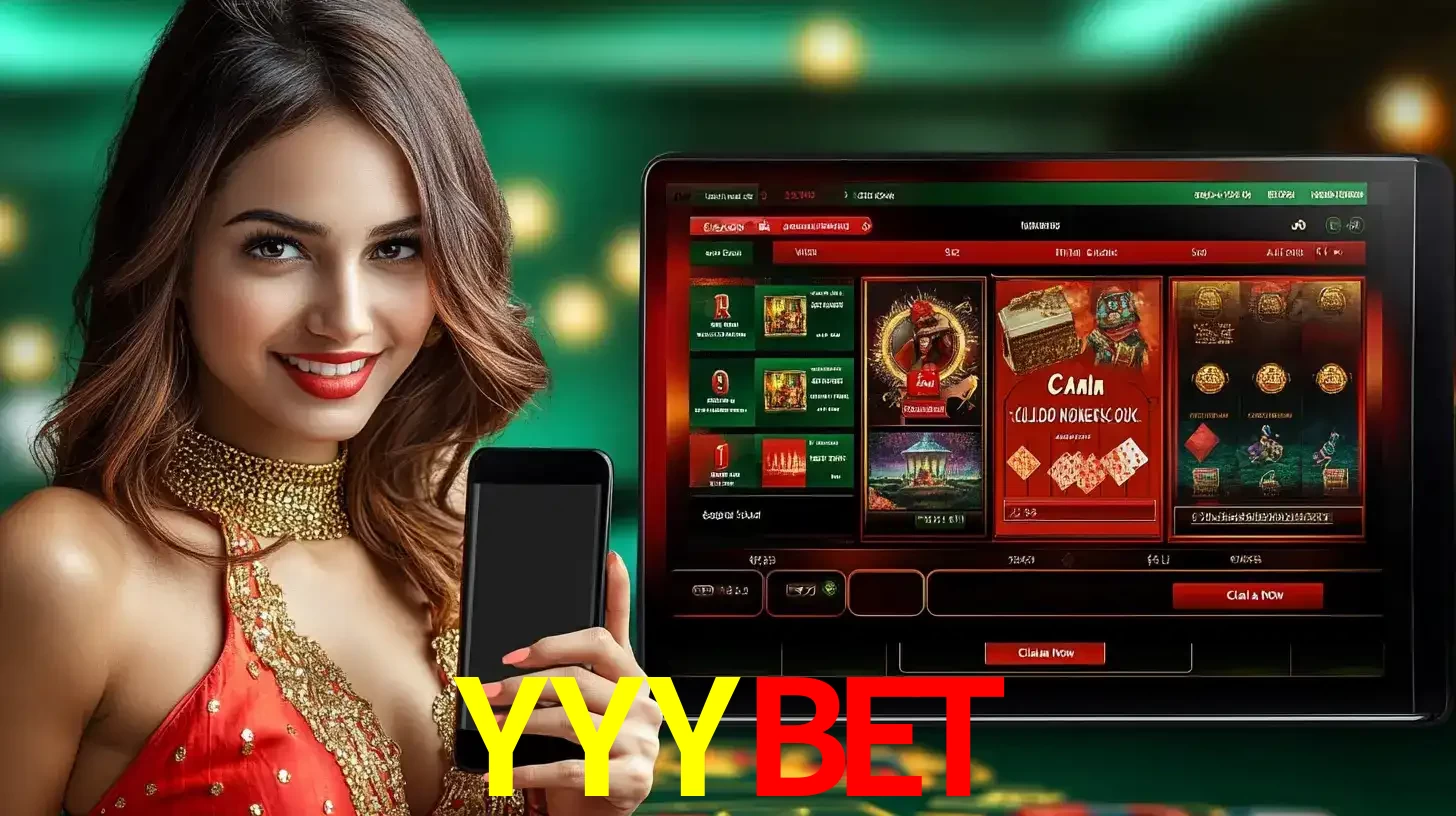 Mulher sorridente segurando um smartphone, ao lado de uma tela exibindo o lobby de jogos do cassino online YYYBET, com várias opções de jogos de cartas e slots.